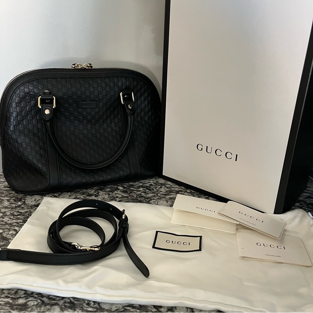 Gucci Black Embossed Leather Shoulder Bag with Removable Strap